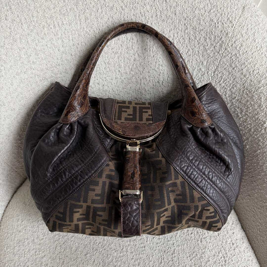 Fendi Zucca Spy Dark Brown Leather Handbag