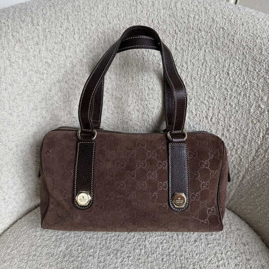Rare Gucci GG Suede Charmy Boston Brown Shoulder Bag