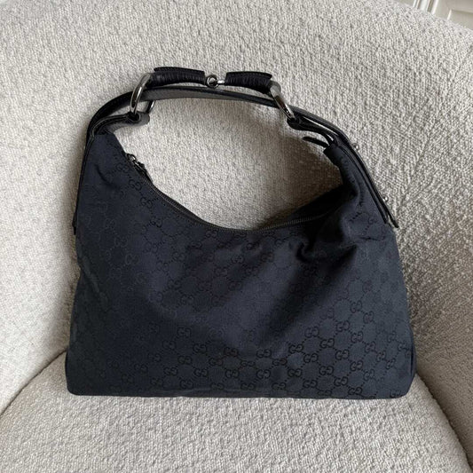 Gucci GG Canvas Horsebit Hobo Black Shoulder Bag