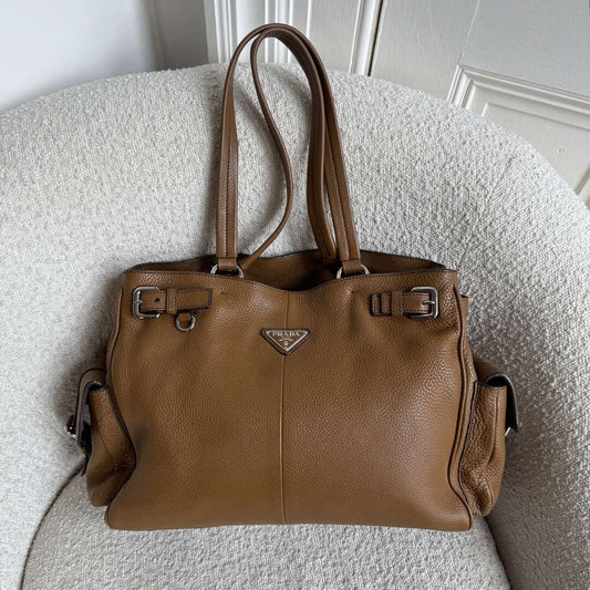 Prada Vitello Daino Leather Brown Tote Bag