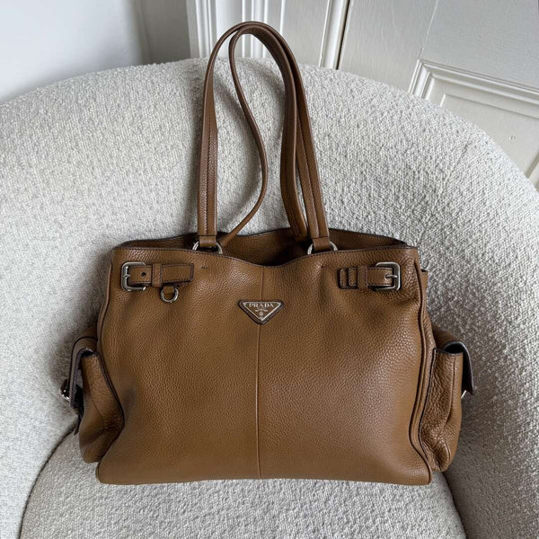 Prada Vitello Daino Leather Brown Tote Bag