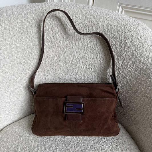Fendi Mamma Baguette Suede Brown Shoulder Bag