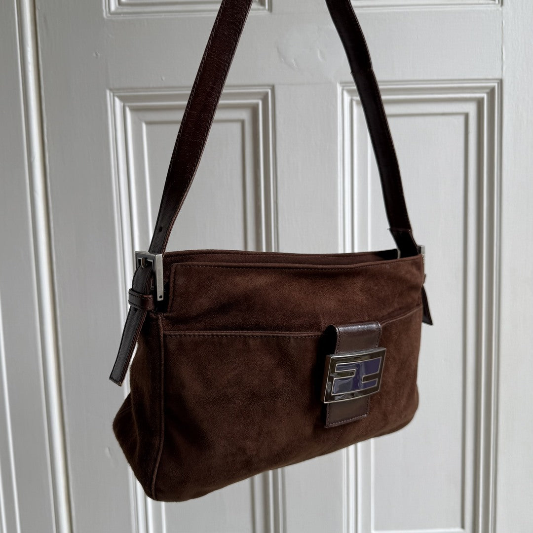 Fendi Mamma Baguette Suede Brown Shoulder Bag