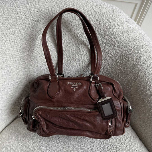 Prada Washed Bauletto Brown Leather Shoulder Bag