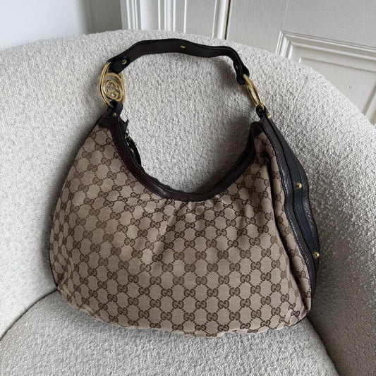 Gucci GG Canvas Interlocking G Large Hobo Brown Shoulder Bag