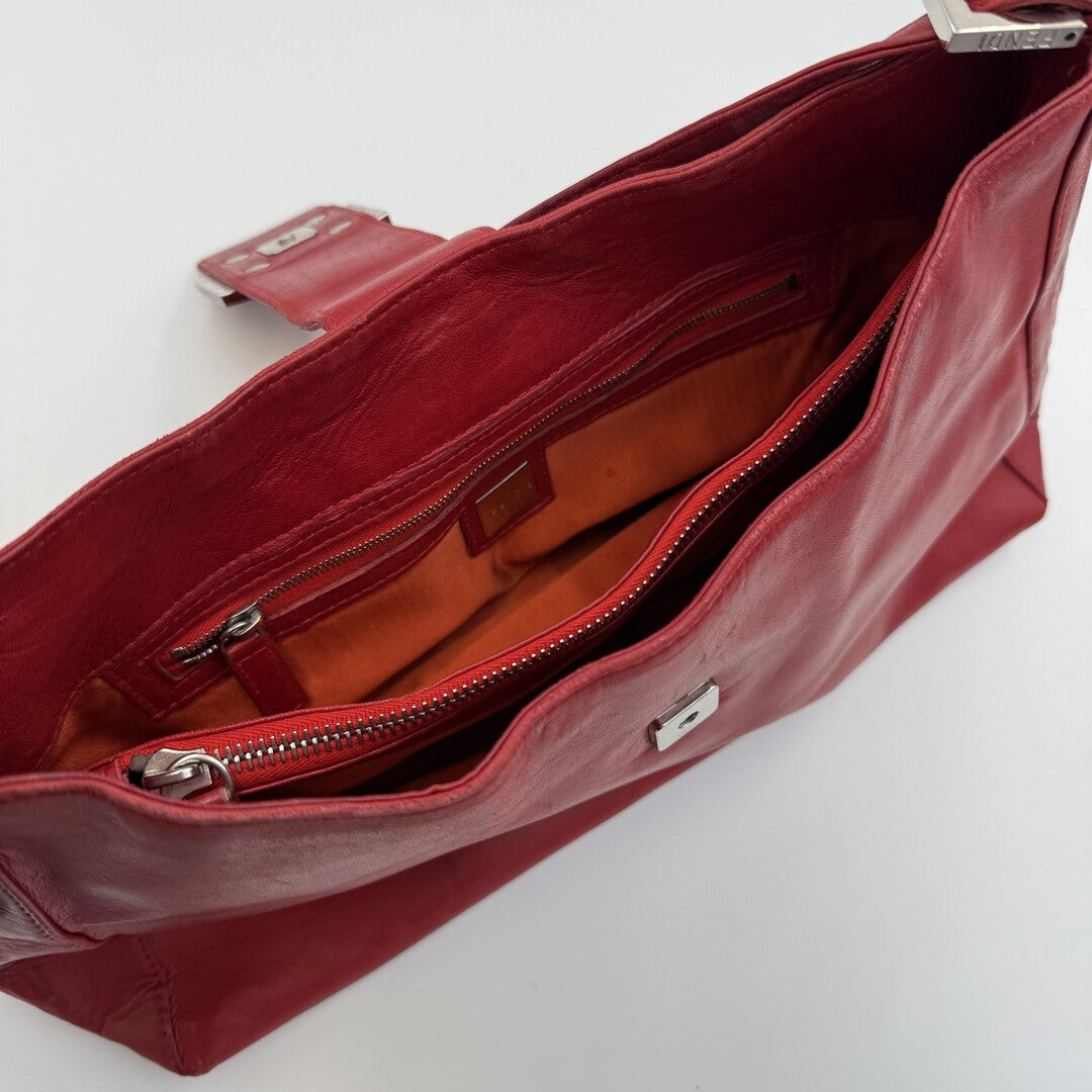 Fendi Baguette Hobo Red Leather Shoulder Bag