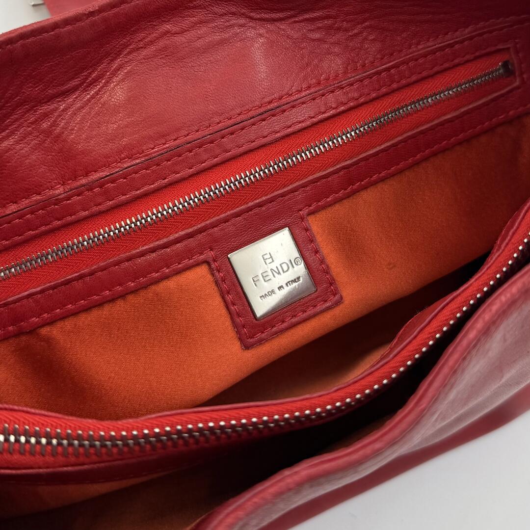 Fendi Baguette Hobo Red Leather Shoulder Bag