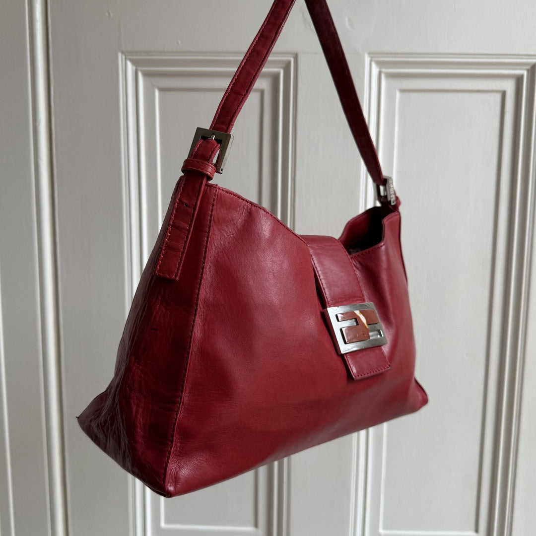 Fendi Baguette Hobo Red Leather Shoulder Bag