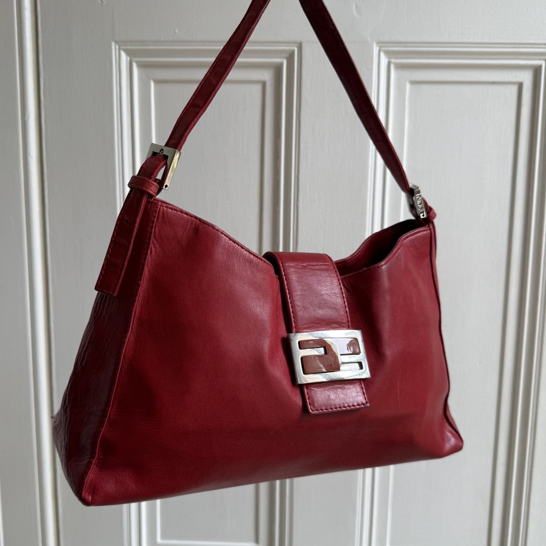 Fendi Baguette Hobo Red Leather Shoulder Bag
