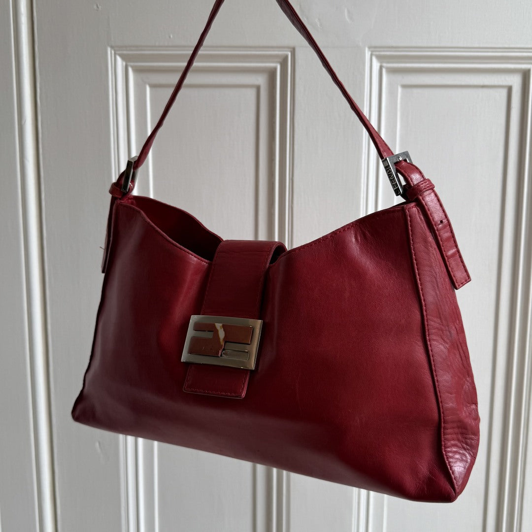 Fendi Baguette Hobo Red Leather Shoulder Bag