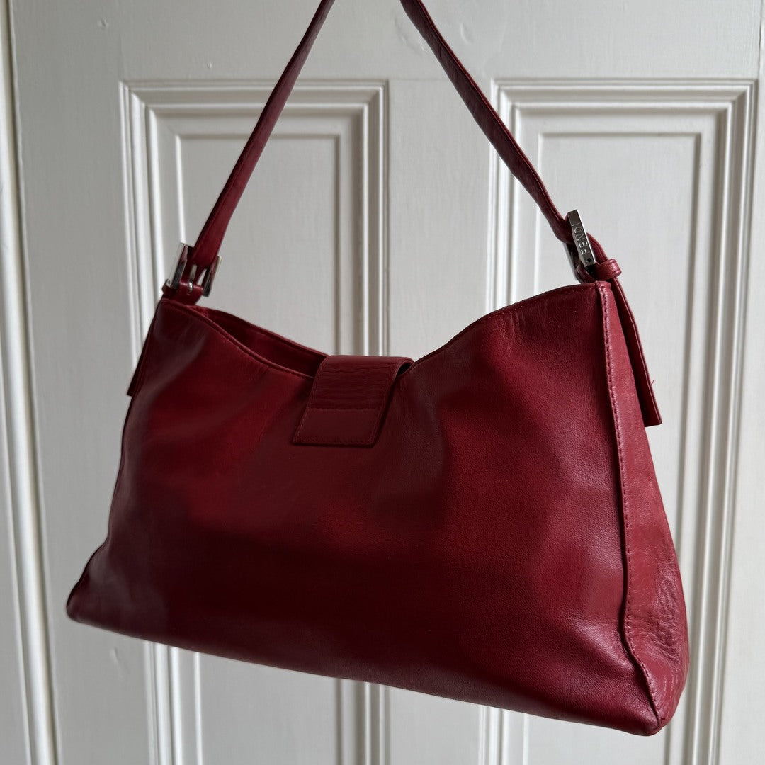Fendi Baguette Hobo Red Leather Shoulder Bag