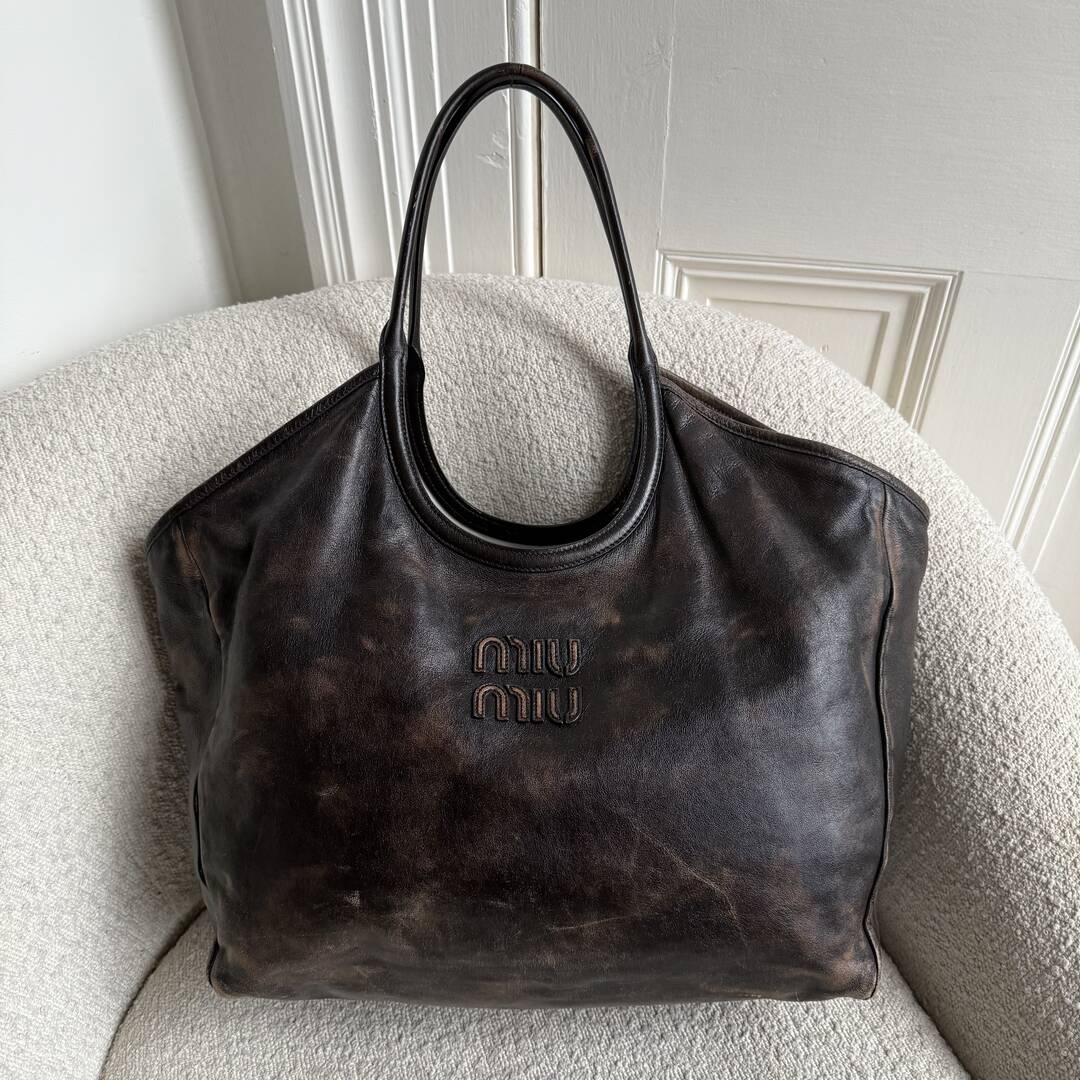 Miu Miu Ivy Coffee Leather Tote Bag