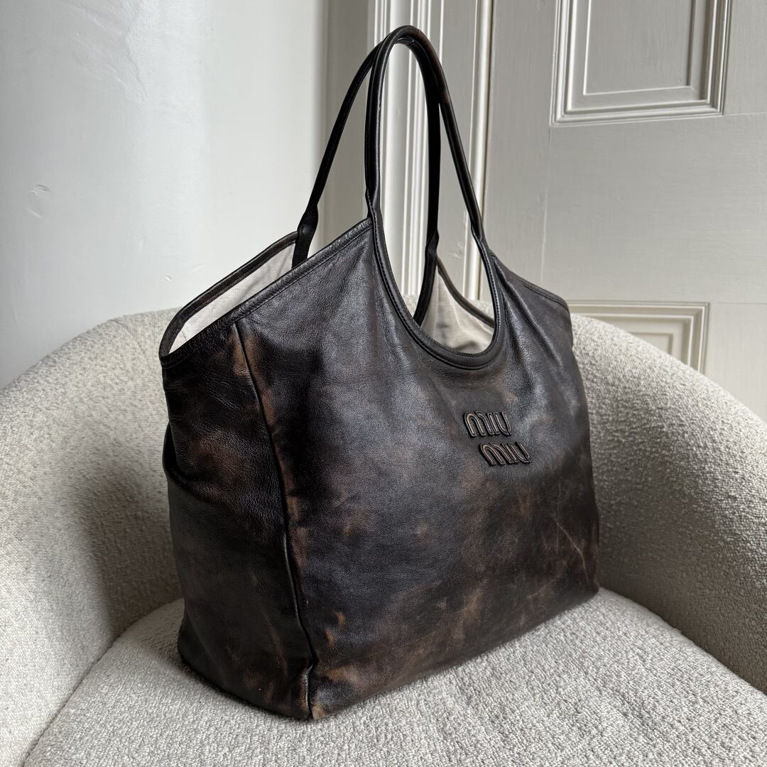 Miu Miu Ivy Coffee Leather Tote Bag