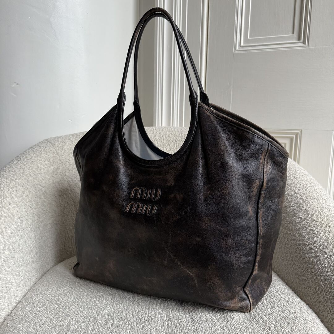 Miu Miu Ivy Coffee Leather Tote Bag