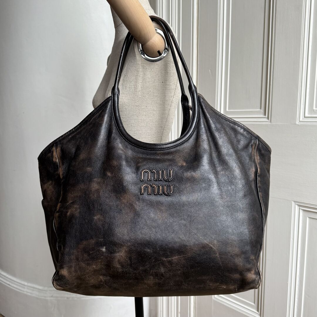 Miu Miu Ivy Coffee Leather Tote Bag