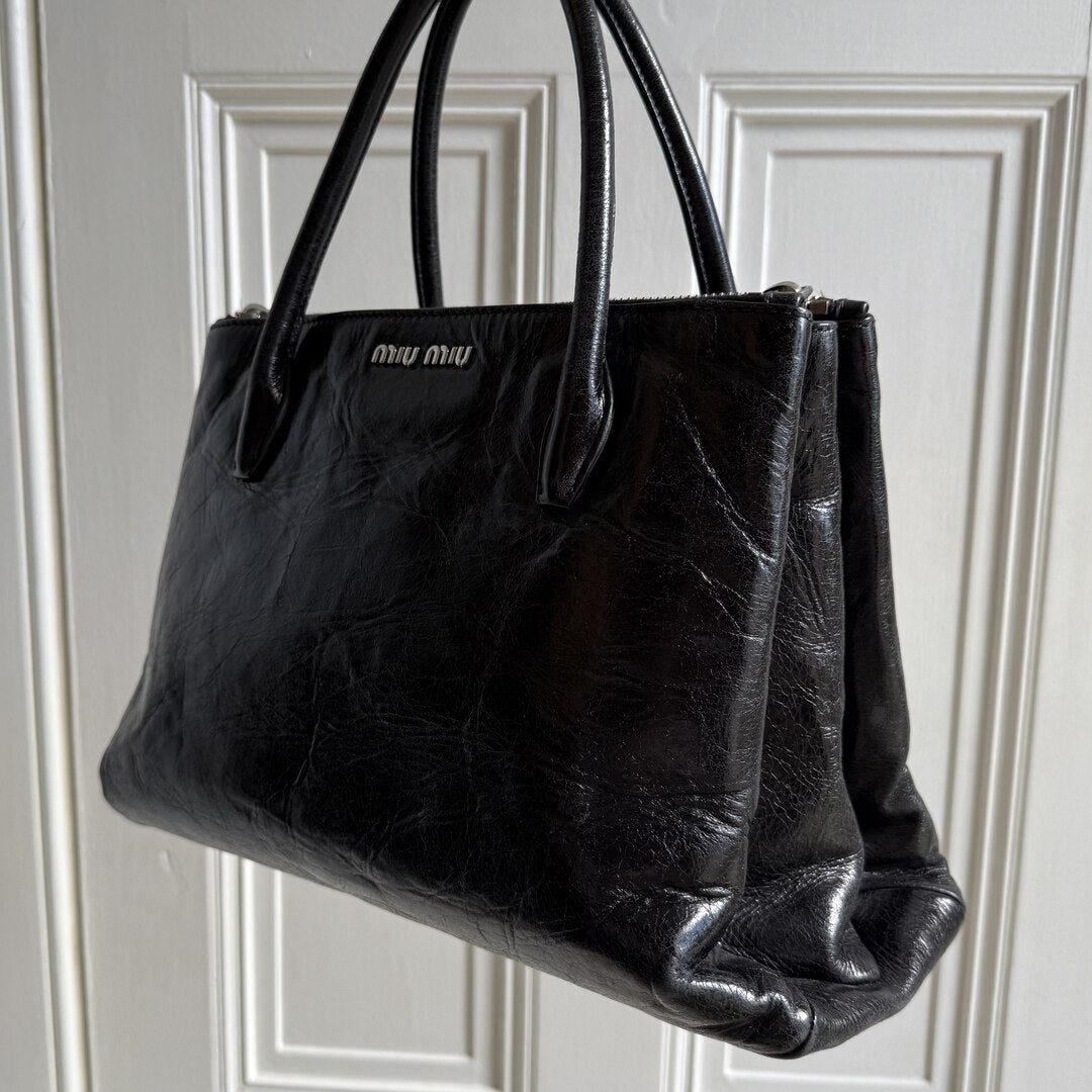 Miu Miu Vitello Shine Black Leather Handbag