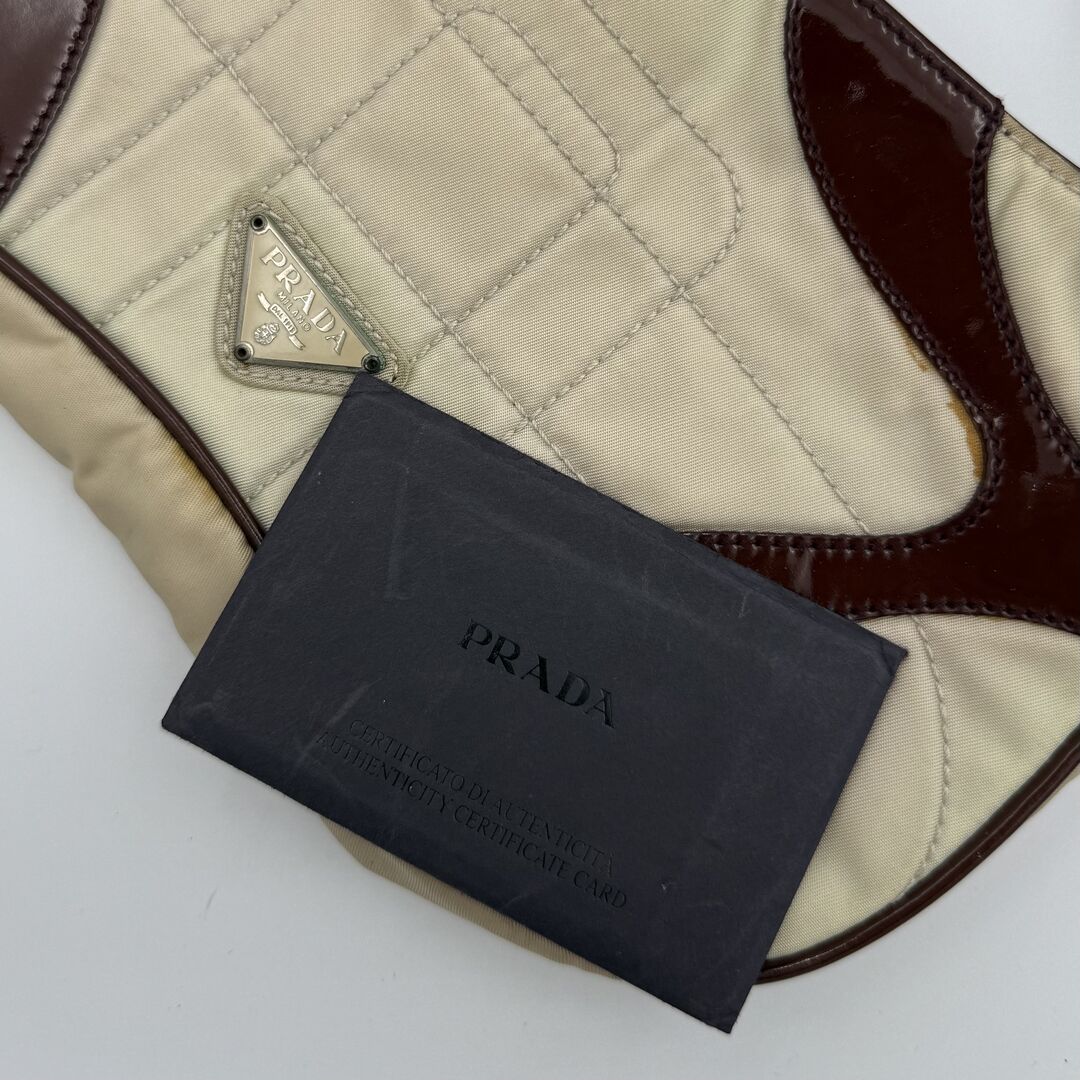 2000 S/S Prada Stitched Nylon Cream / Brown Mini Shoulder Bag