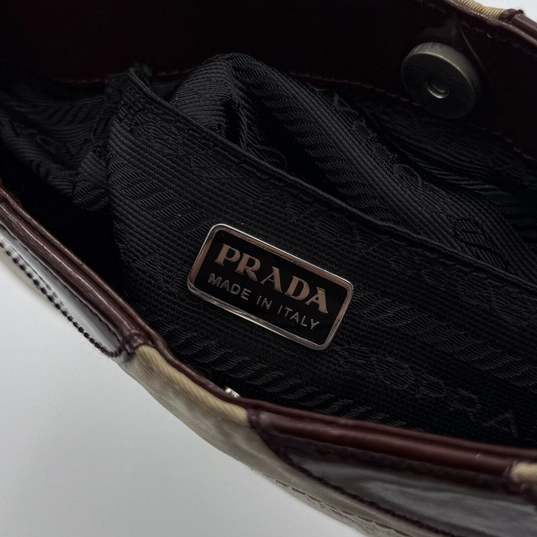 2000 S/S Prada Stitched Nylon Cream / Brown Mini Shoulder Bag