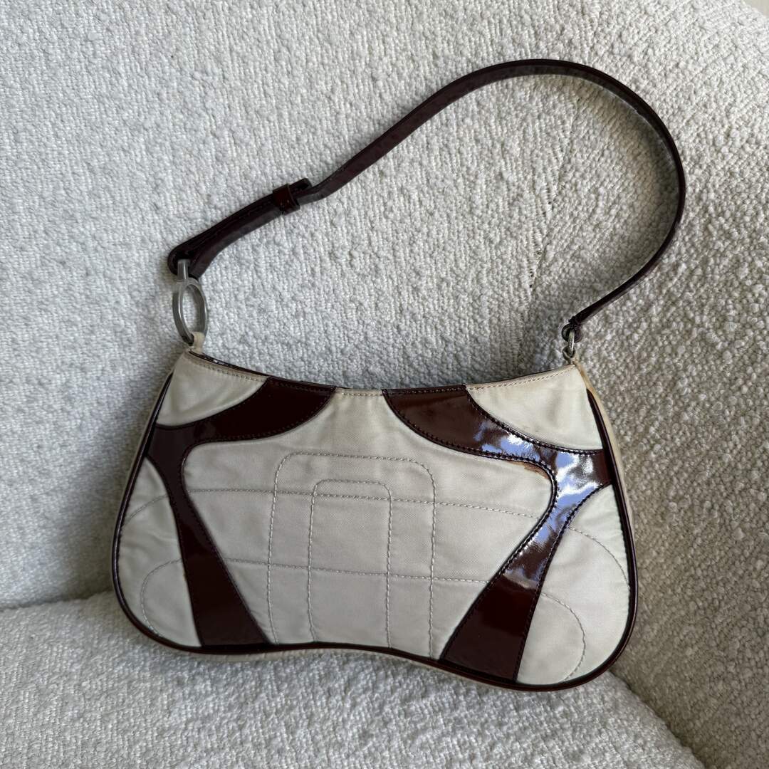 2000 S/S Prada Stitched Nylon Cream / Brown Mini Shoulder Bag