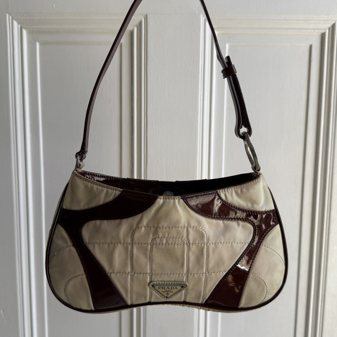 2000 S/S Prada Stitched Nylon Cream / Brown Mini Shoulder Bag
