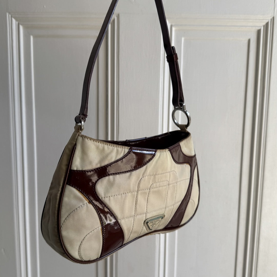 2000 S/S Prada Stitched Nylon Cream / Brown Mini Shoulder Bag