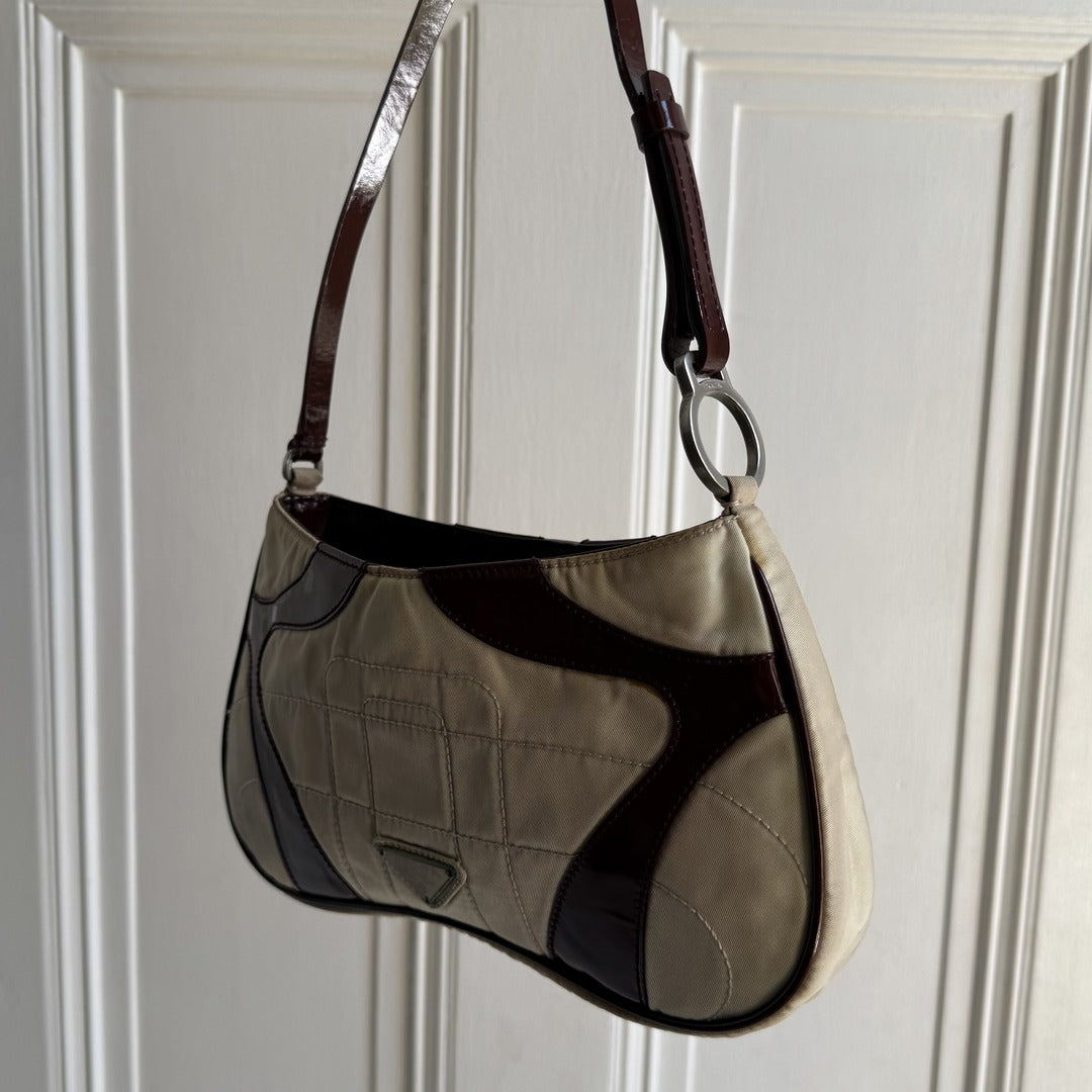 2000 S/S Prada Stitched Nylon Cream / Brown Mini Shoulder Bag