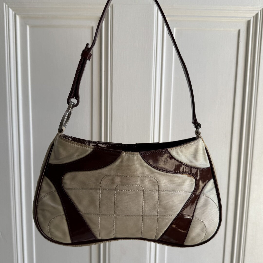 2000 S/S Prada Stitched Nylon Cream / Brown Mini Shoulder Bag