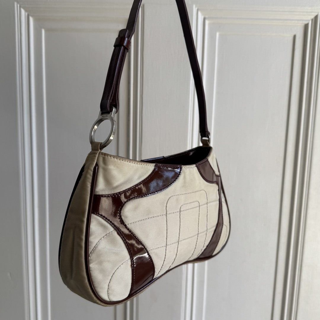 2000 S/S Prada Stitched Nylon Cream / Brown Mini Shoulder Bag