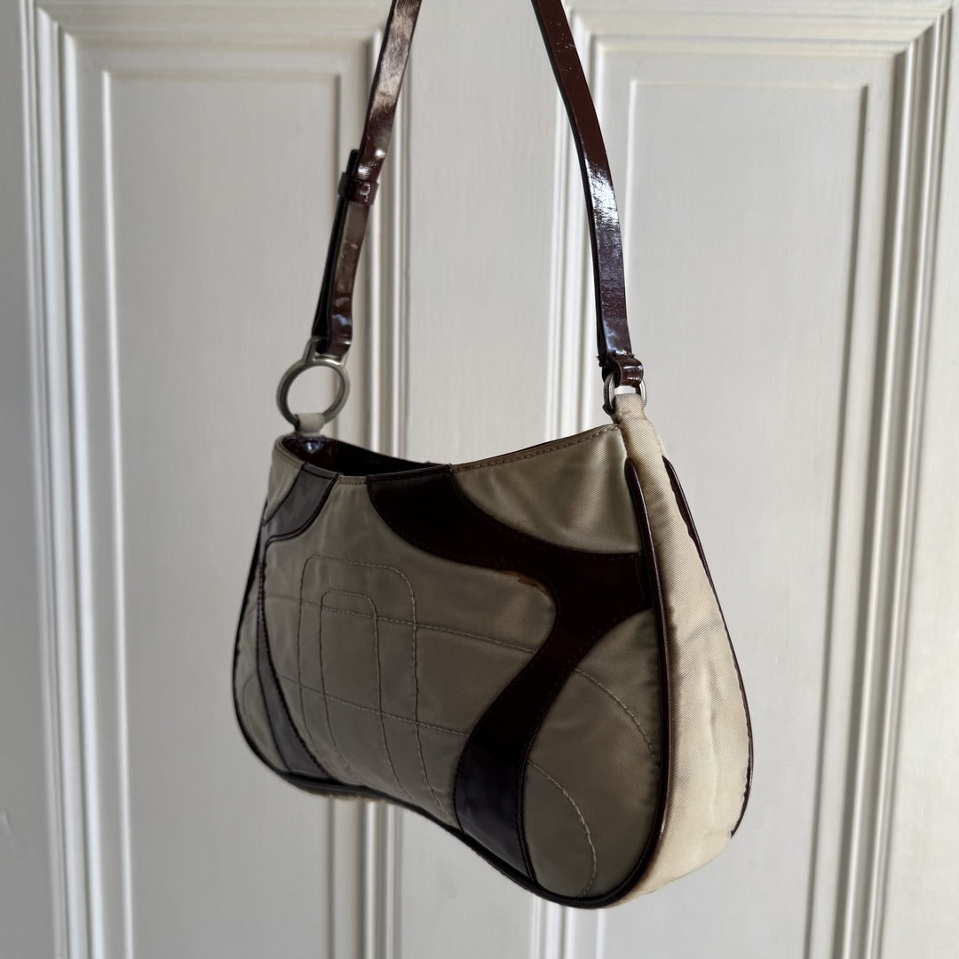 2000 S/S Prada Stitched Nylon Cream / Brown Mini Shoulder Bag
