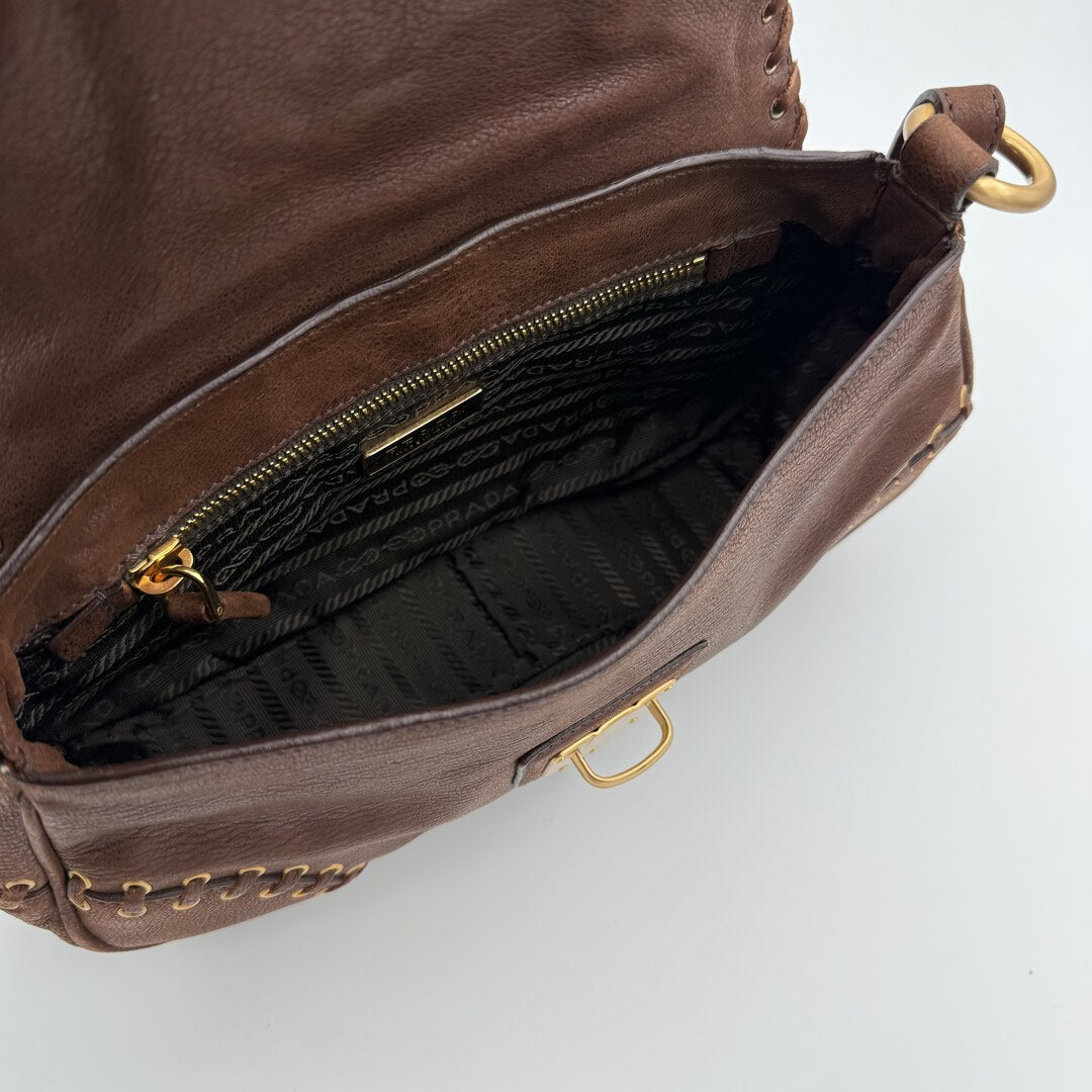Prada Whipstitch Grommet Brown Leather Shoulder Bag