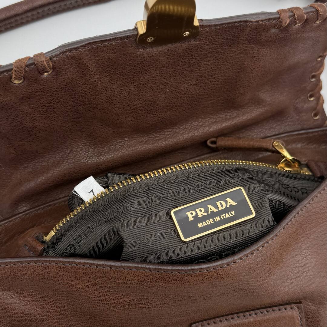 Prada Whipstitch Grommet Brown Leather Shoulder Bag