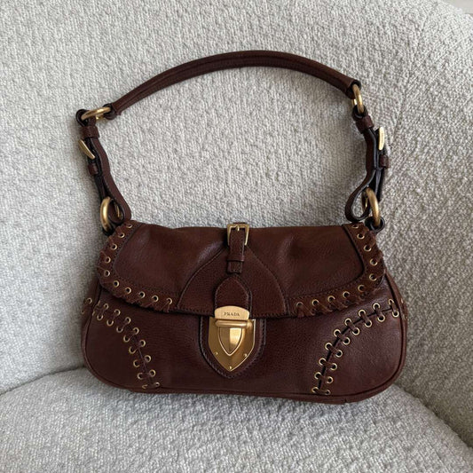 Prada Whipstitch Grommet Brown Leather Shoulder Bag