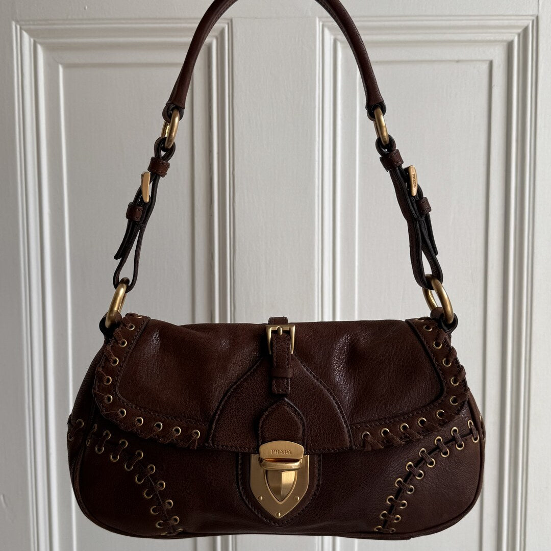 Prada Whipstitch Grommet Brown Leather Shoulder Bag