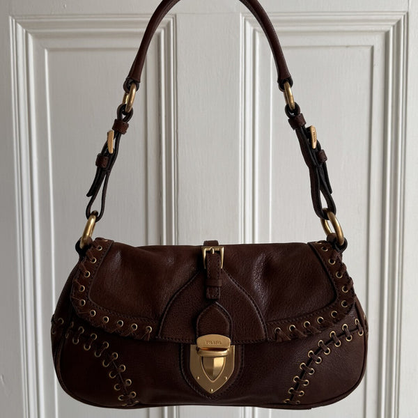 Prada Whipstitch Grommet Brown Leather Shoulder Bag