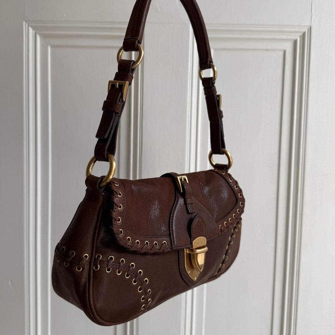 Prada Whipstitch Grommet Brown Leather Shoulder Bag