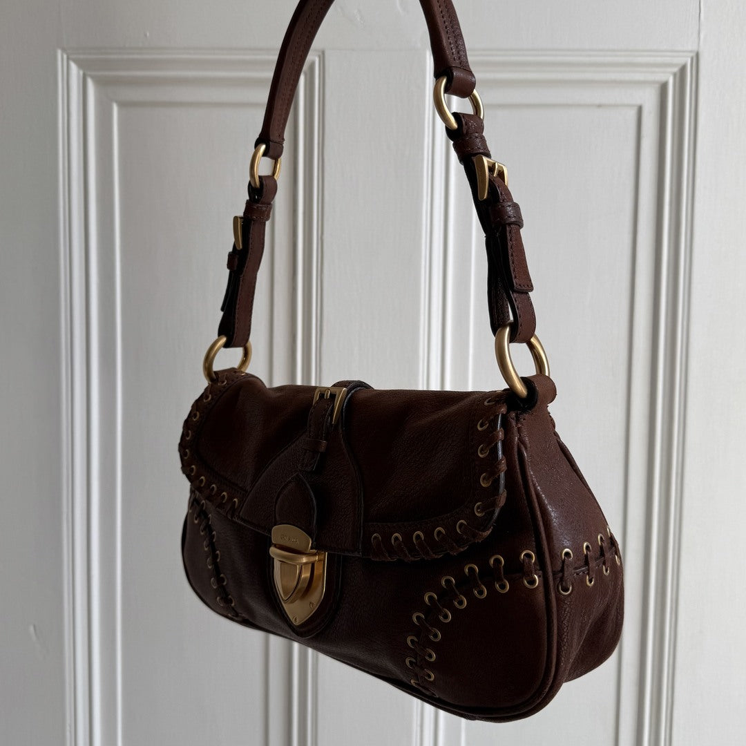 Prada Whipstitch Grommet Brown Leather Shoulder Bag