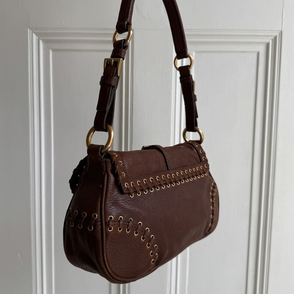 Prada Whipstitch Grommet Brown Leather Shoulder Bag