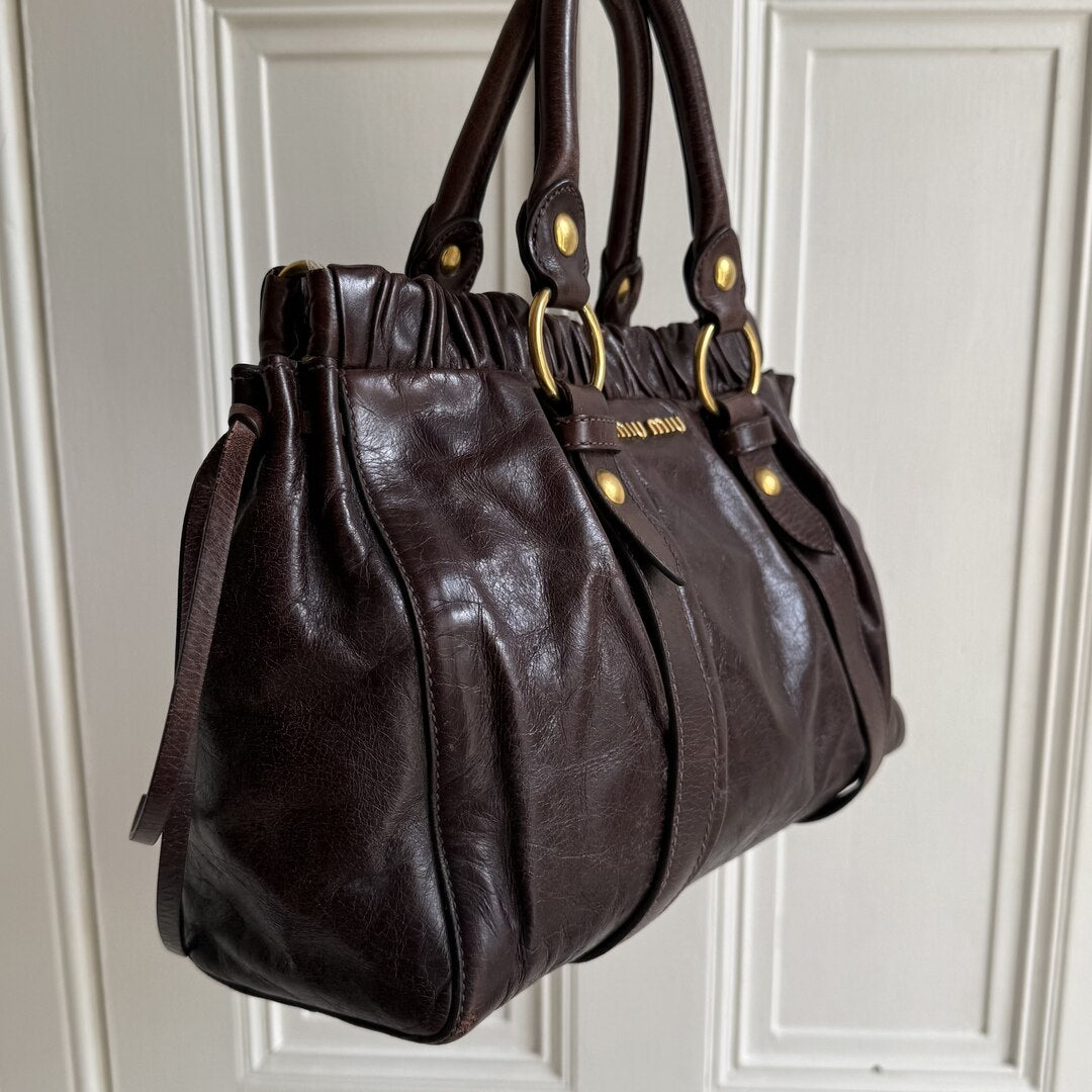 Miu Miu Vitello Chocolate Brown Leather Handbag