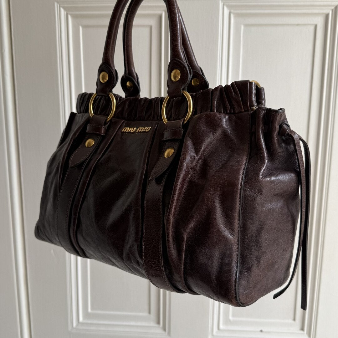 Miu Miu Vitello Chocolate Brown Leather Handbag