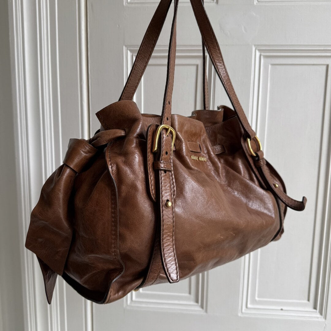 Miu Miu Vitello Leather Brown Tote Bag
