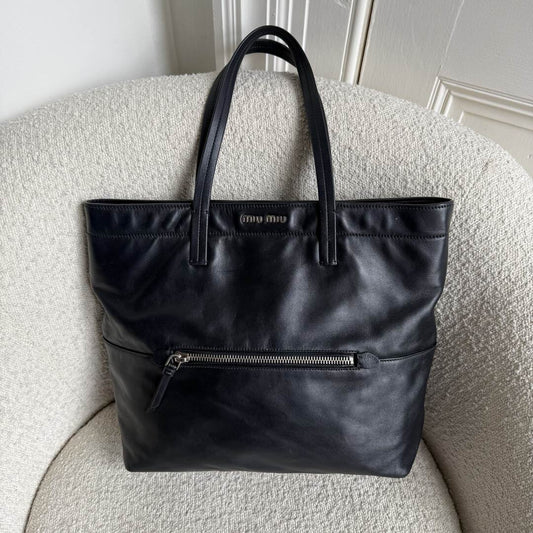 Miu Miu Vitello Black Leather Tote Bag