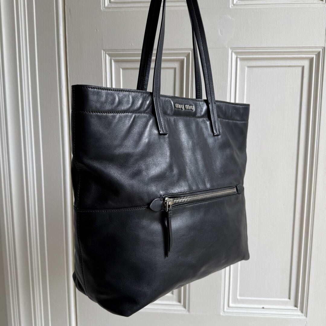 Miu Miu Vitello Black Leather Tote Bag