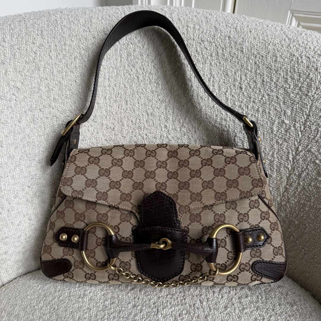 Gucci GG Canvas Horsebit Chain Brown Shoulder Bag