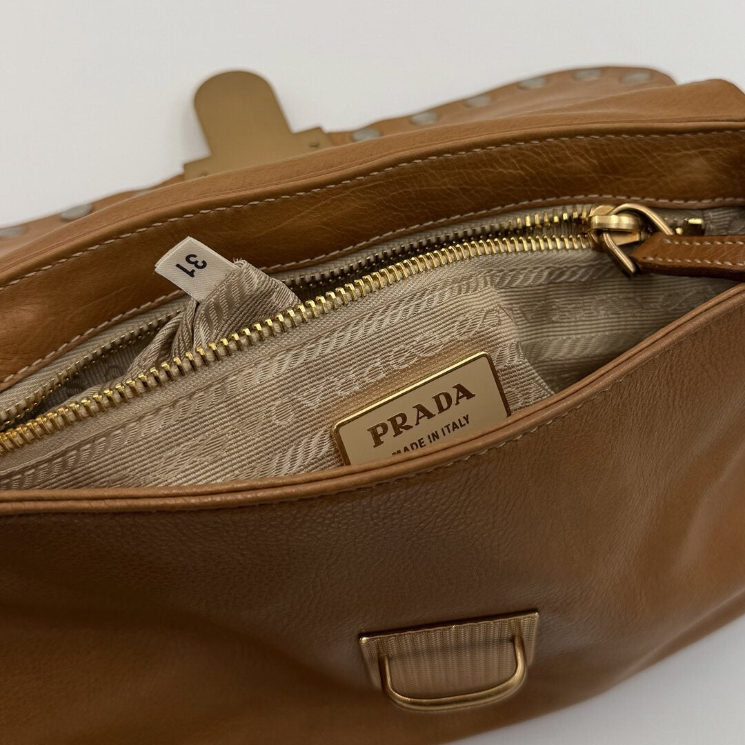 Prada Borchie Studded Brown Leather Shoulder Bag