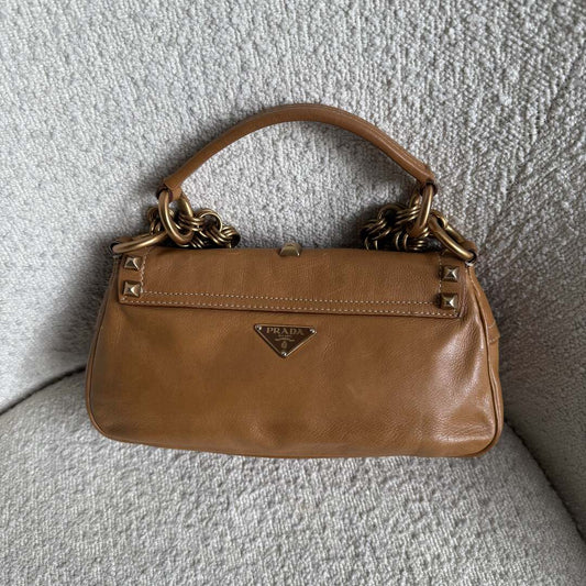 Prada Borchie Studded Brown Leather Shoulder Bag