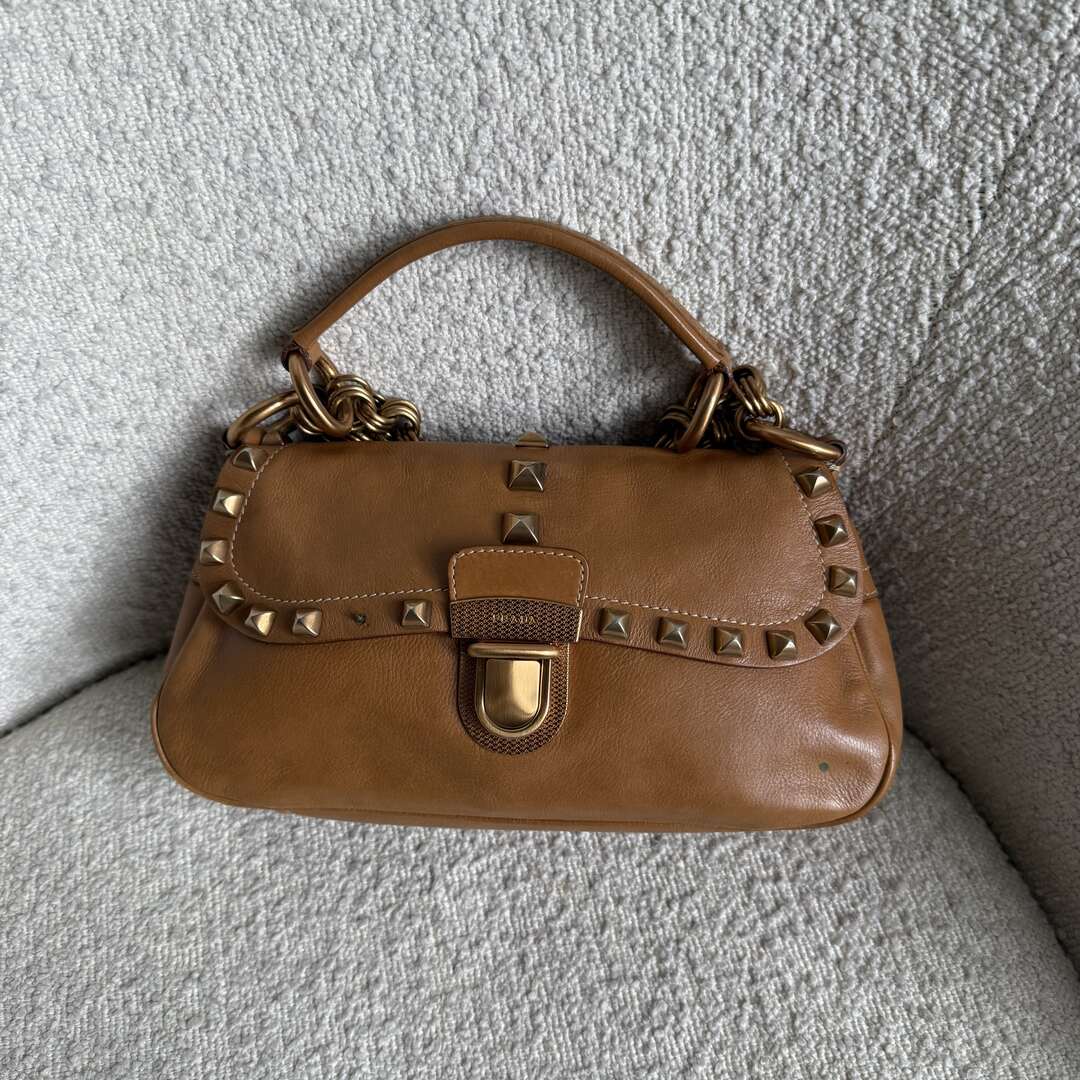 Prada Borchie Studded Brown Leather Shoulder Bag