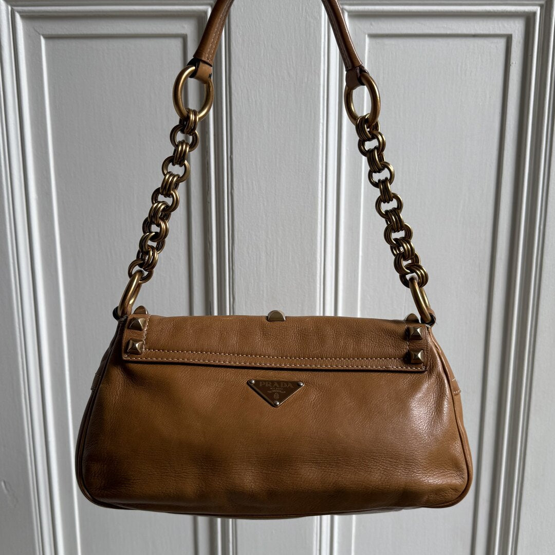 Prada Borchie Studded Brown Leather Shoulder Bag