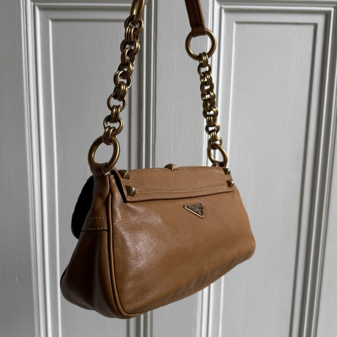Prada Borchie Studded Brown Leather Shoulder Bag