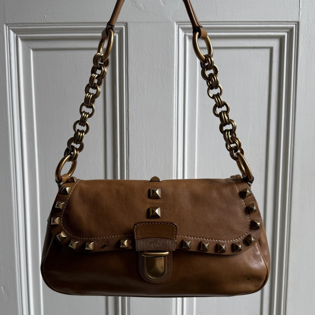 Prada Borchie Studded Brown Leather Shoulder Bag