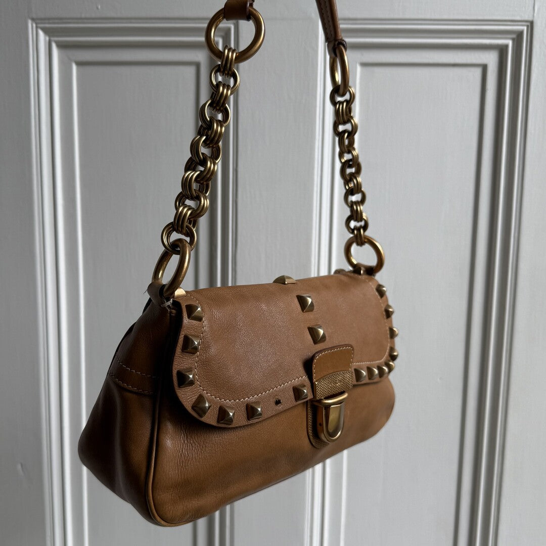 Prada Borchie Studded Brown Leather Shoulder Bag